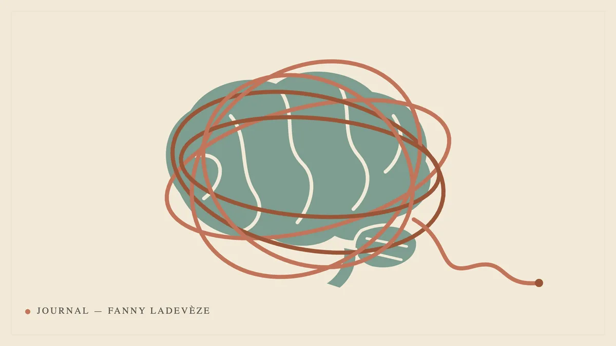 Illustration : un cerveau sauge pris dans un enchevêtrement de boucles terracotta, dont un fil se dénoue et s’échappe sur la droite.